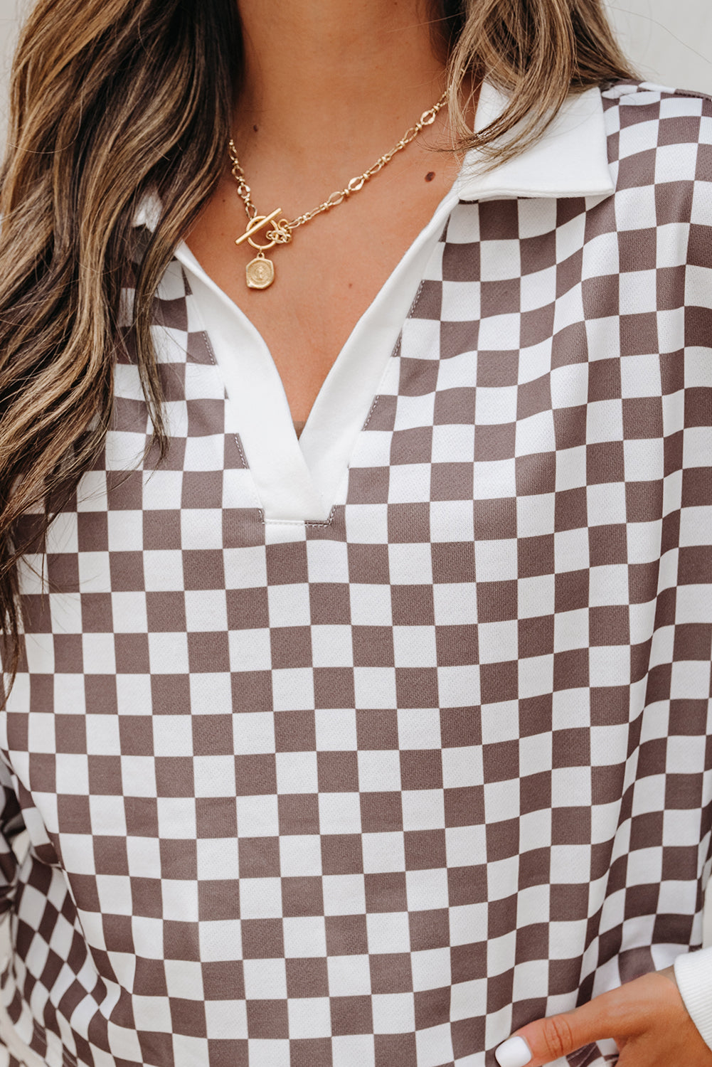 Khaki Checkered Print Polo Collar Cropped Long Sleeve Top Drawstring Mini Skort Set