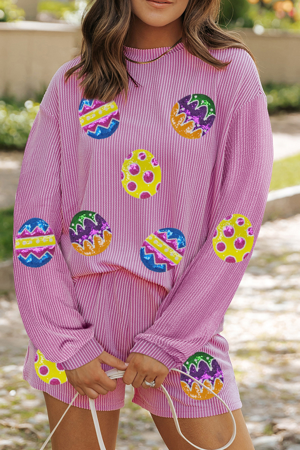 Phalaenopsis Easter Egg Patched Graphic Corded Long Sleeve Top Shorts Set