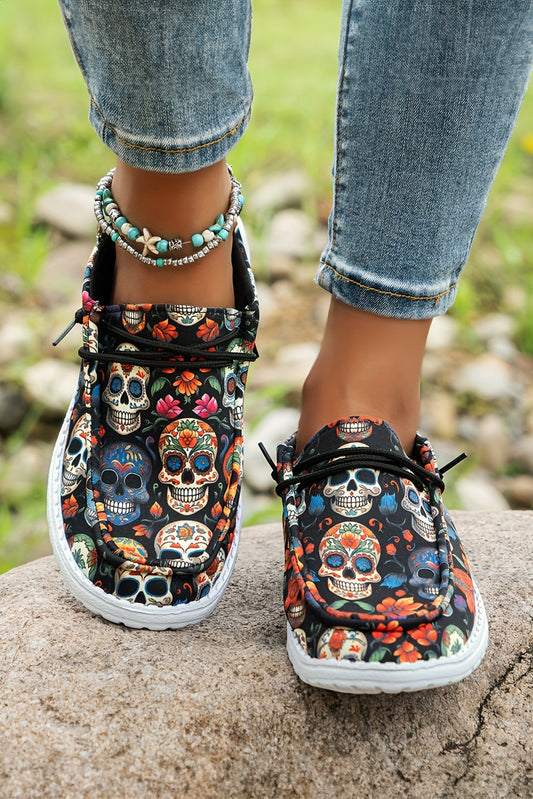 Black Sugar Skull Print Lace-up Halloween Sneakers