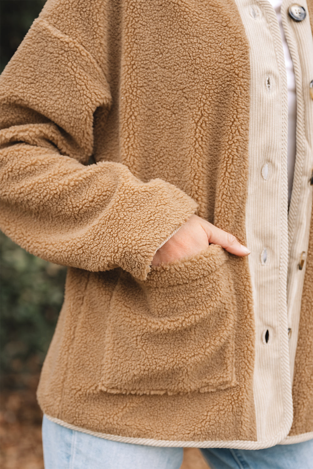 Light French Beige Puffy Plush Corduroy Edge Jacket with Big Pockets