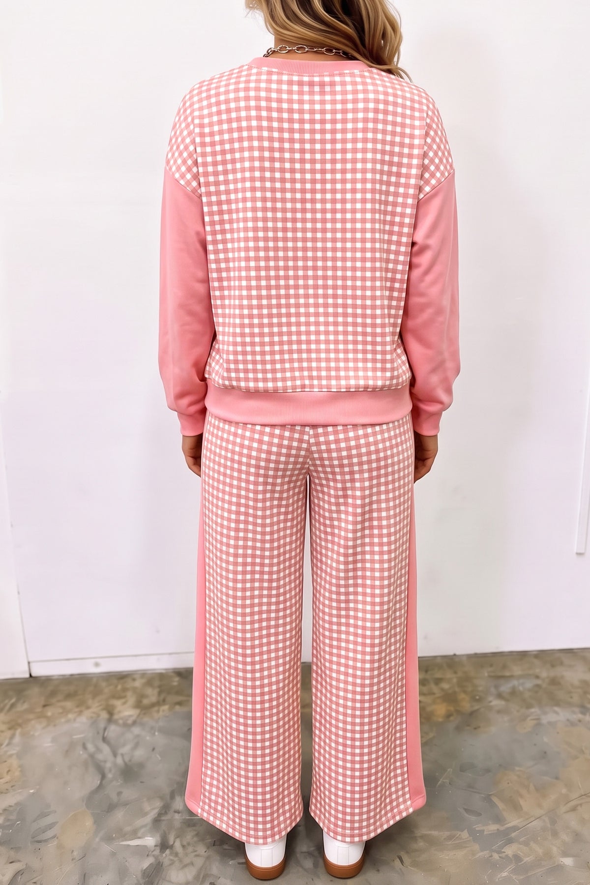 Women's Red Color Block Plaid Patchwork Long-Sleeve Pullover Wide-Leg Pants Set