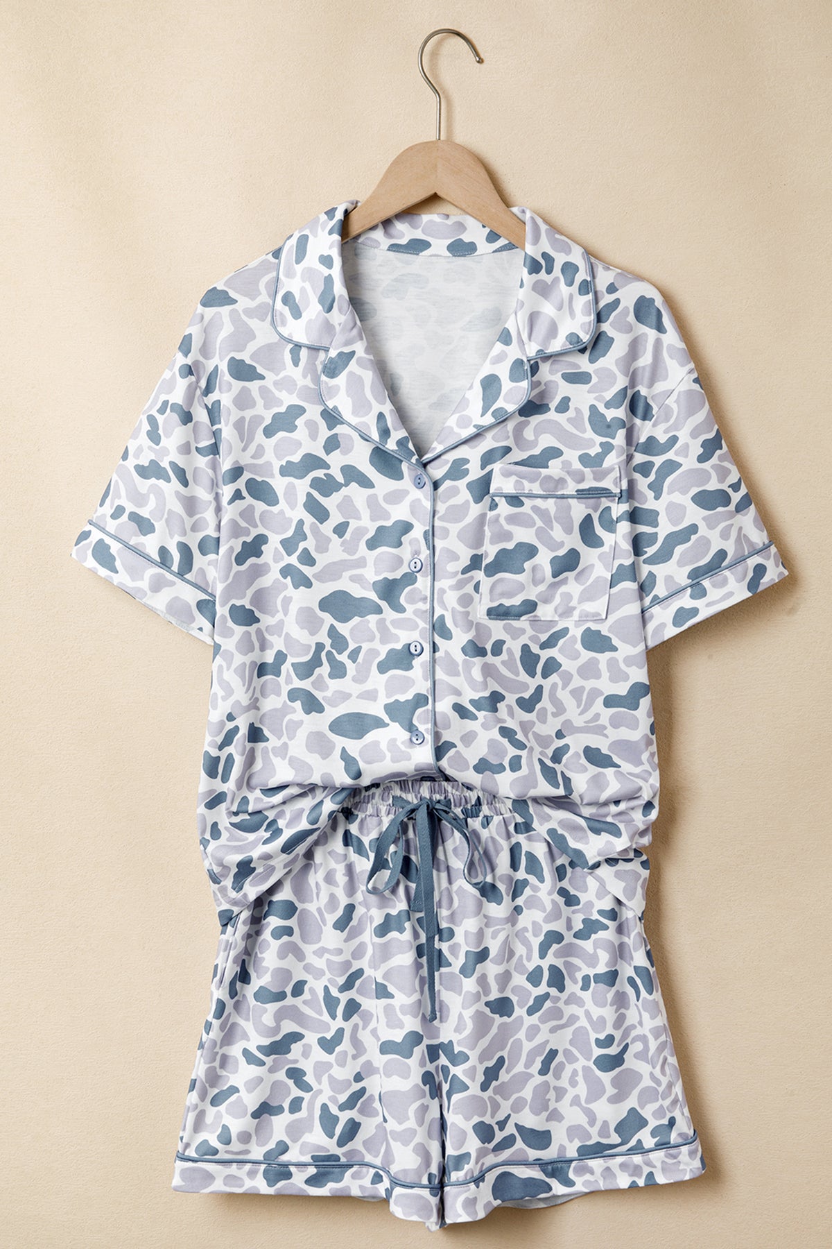Beige Camouflage Print Lapel Shirt Drawstring Short Pajama Set