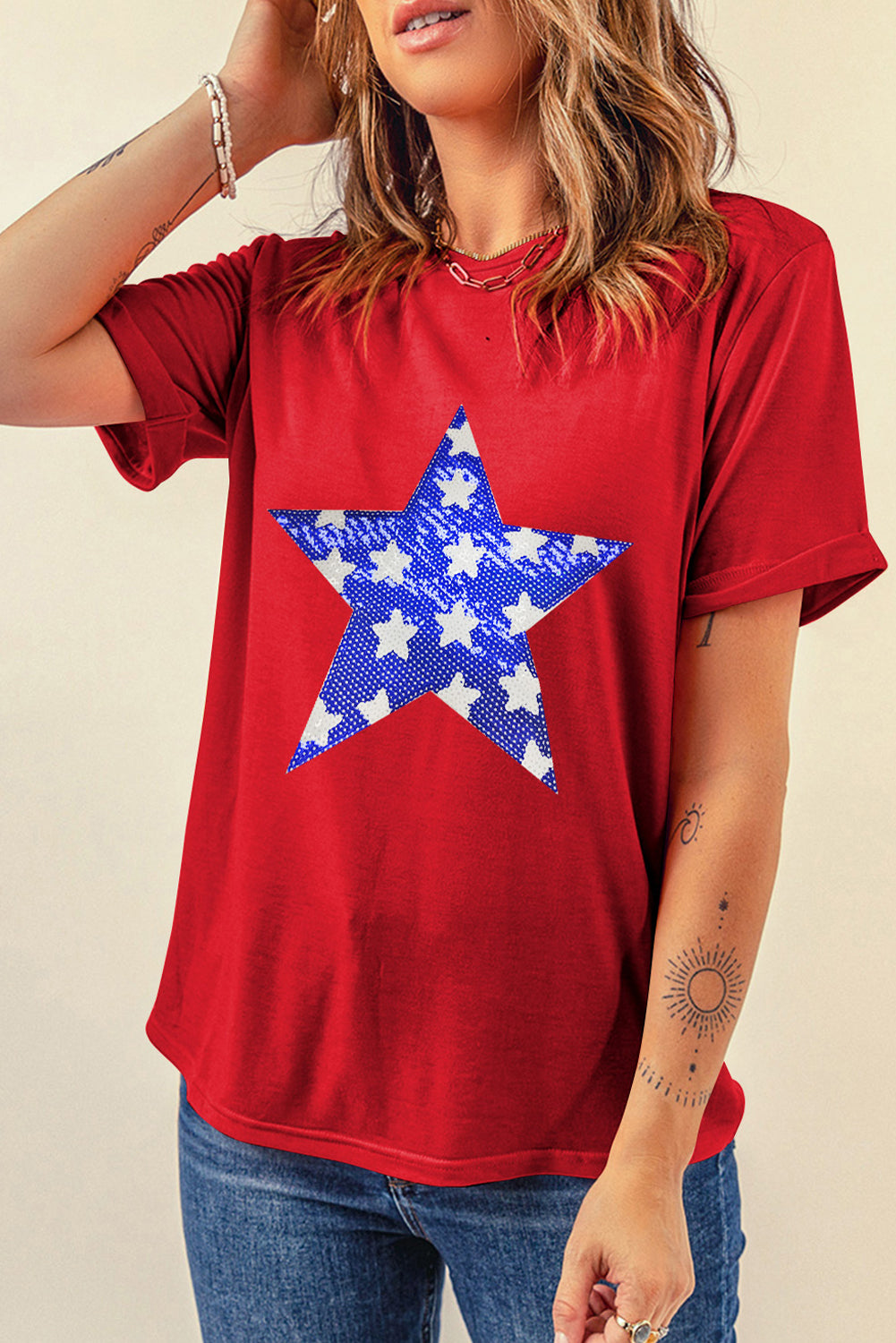 Red Sequin Star Graphic Crewneck T-Shirt