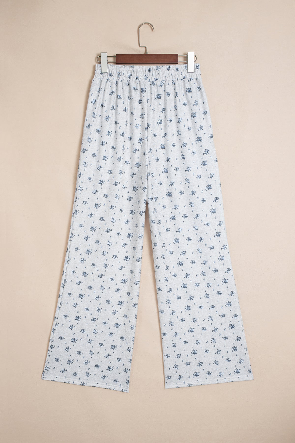 Gray Floral Print Elastic Waist Full-Length Regular Pants