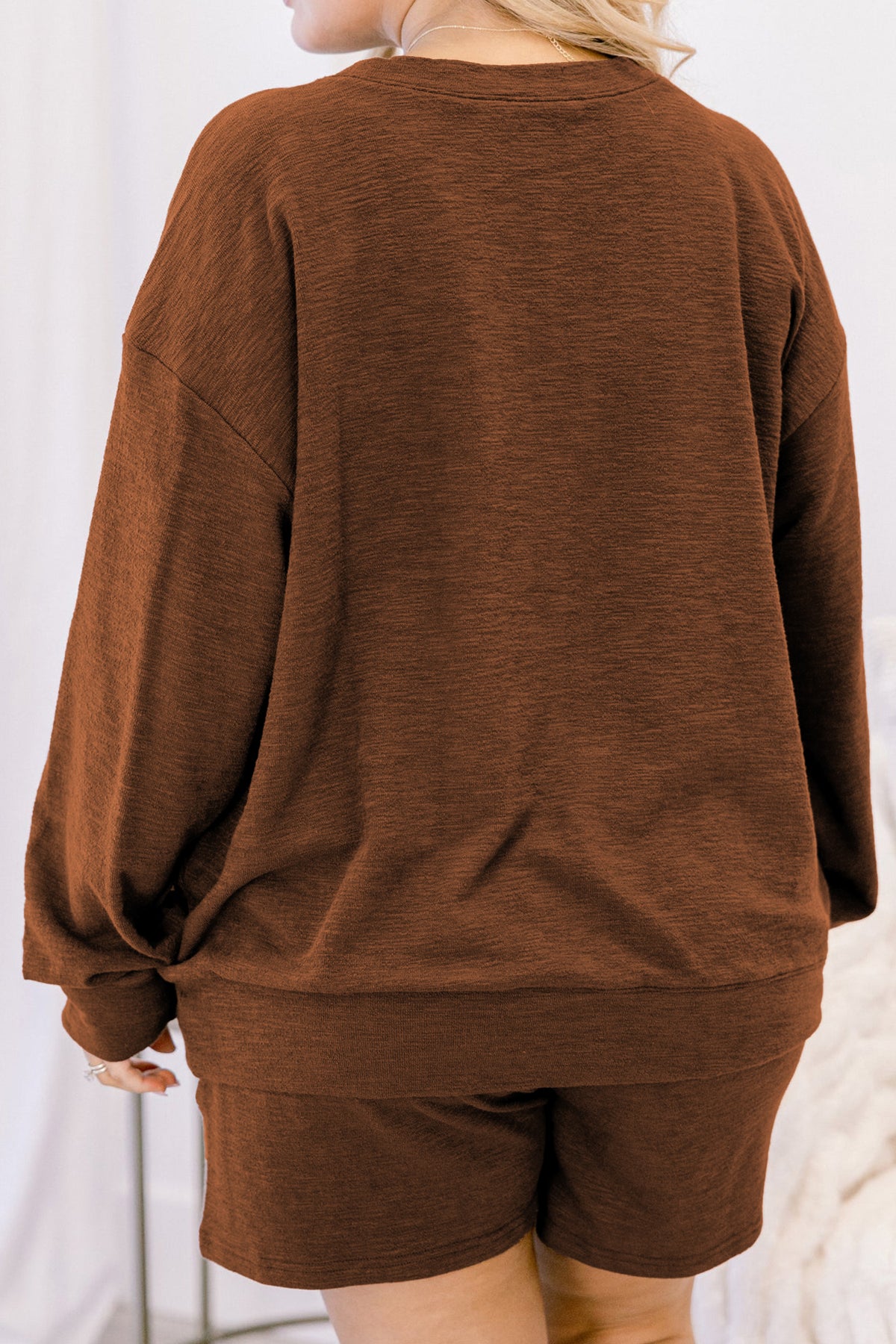 Chestnut Drop-Shoulder Long-Sleeve Top Elastic-Waist Shorts Plus Size Set