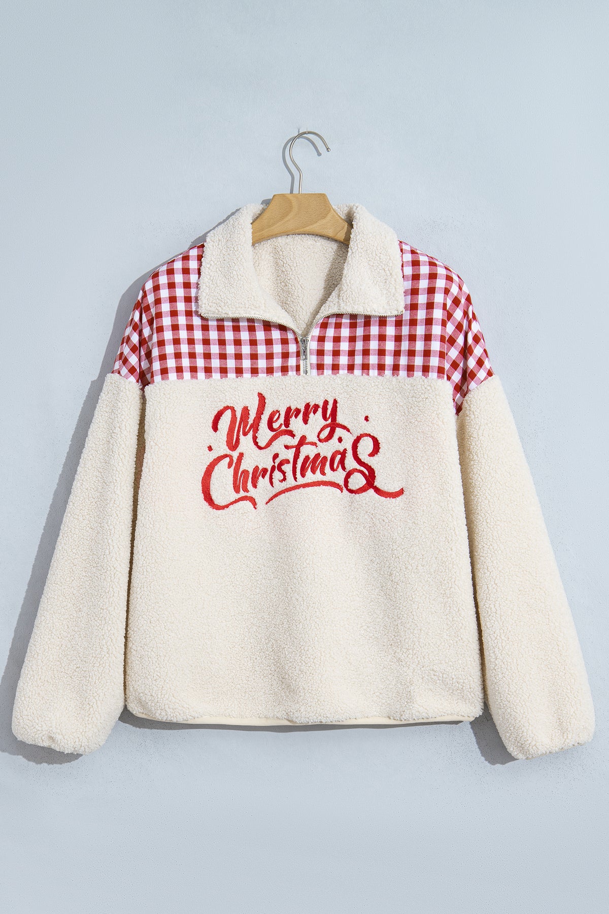 White Plush Plaid Patchwork Merry Christmas Sweatshirt