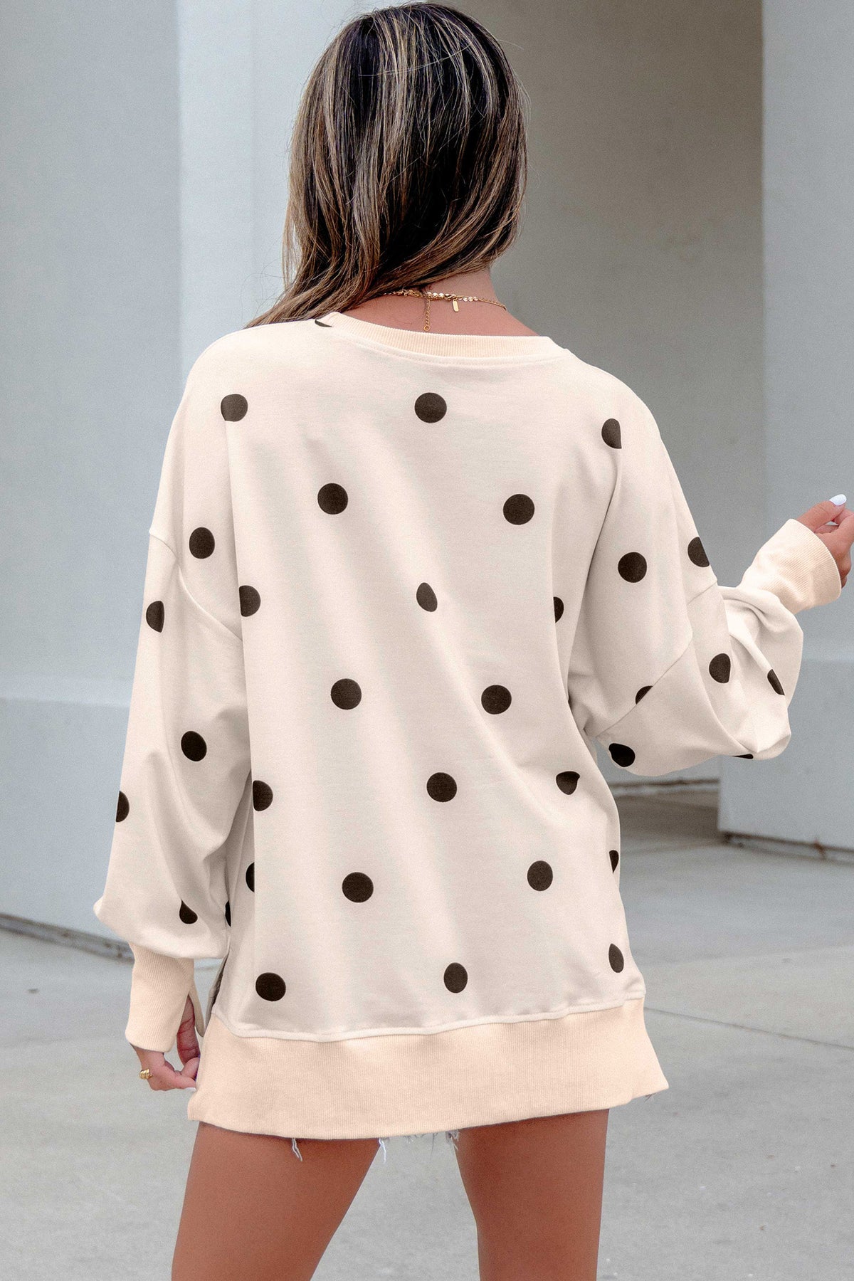 Yellow Polka Dot Long Sleeve Split Hem Pullover Top