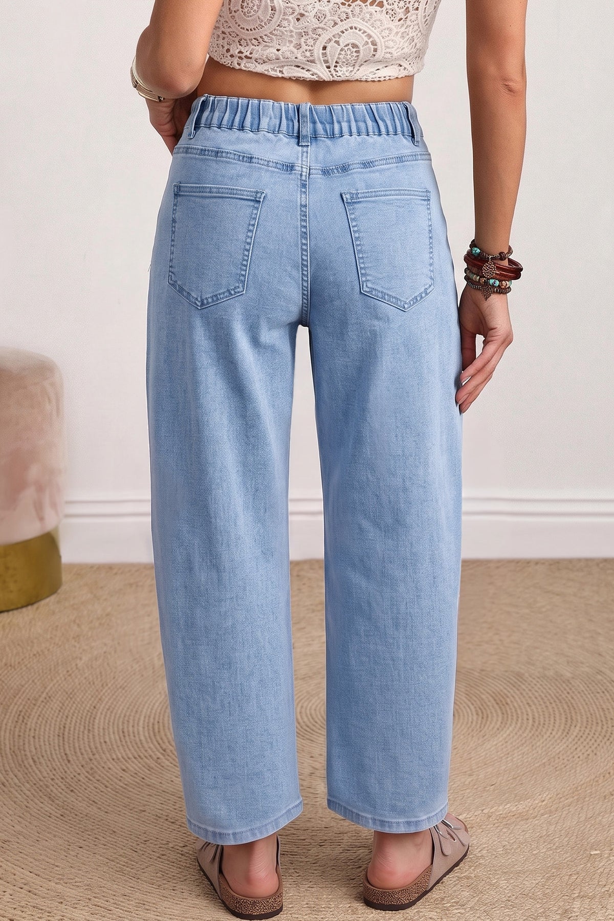 Four Leaf Clover Solid Square Patch Pocket Ankle-length Barrel Jeans