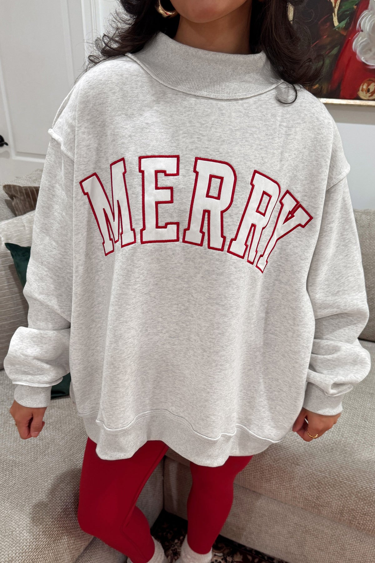 Blackish Green MERRY Embroidered Letter High Neck Tunic Sweatshirt