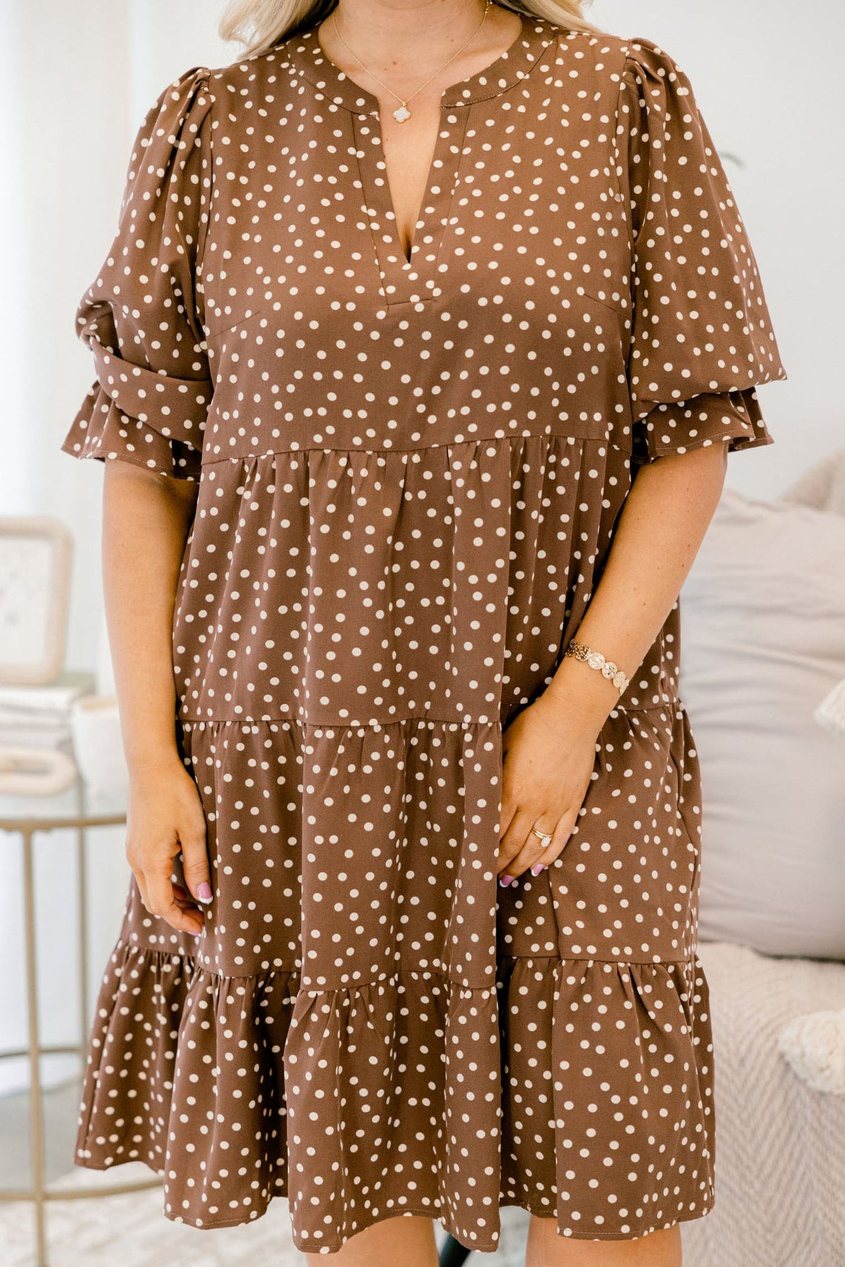 Brown V-Neck Polka Dot Long-Sleeve Shift Plus Size Dress