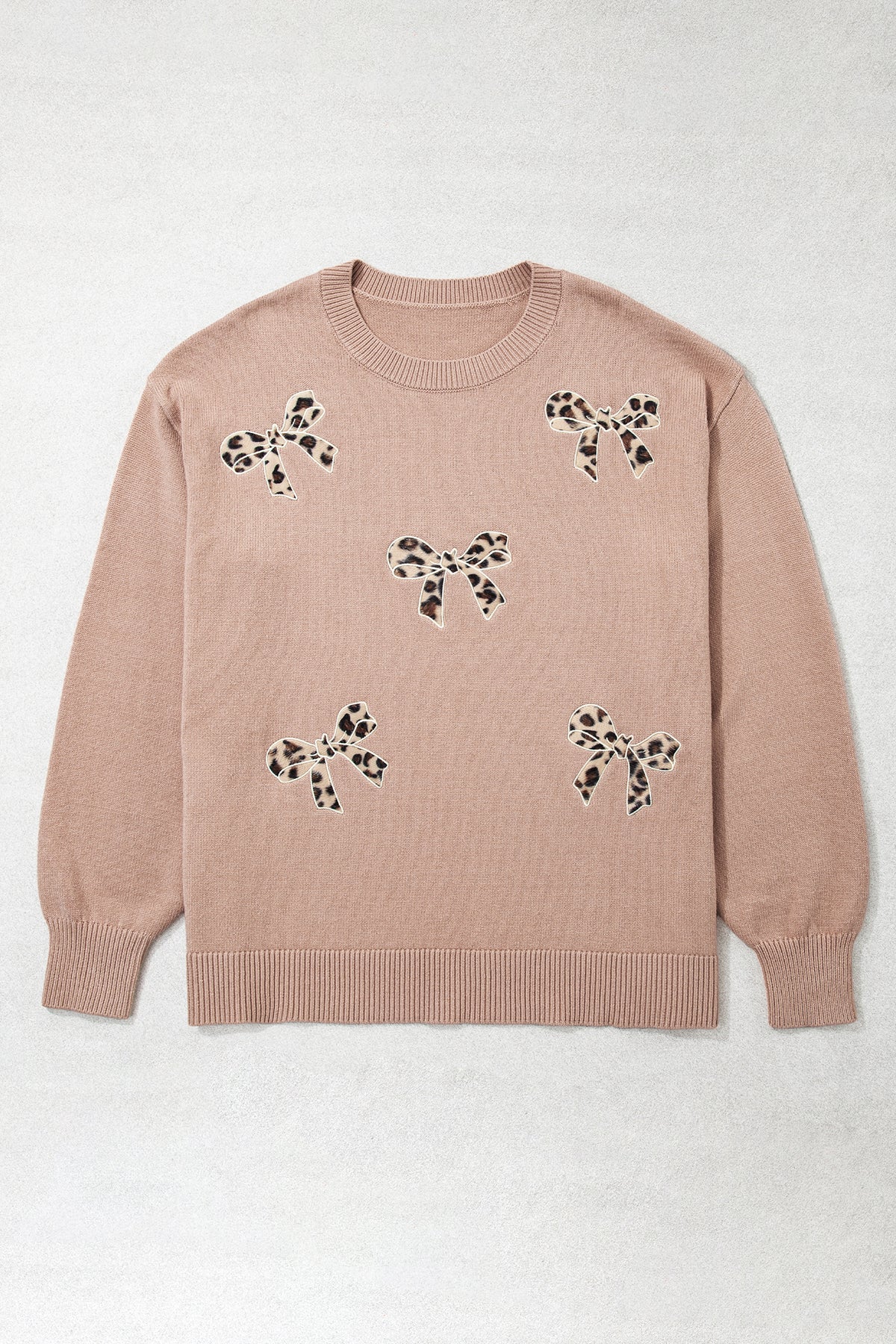 Dark Khaki Leopard Bow Embroidery Tunic Plus Size Sweater