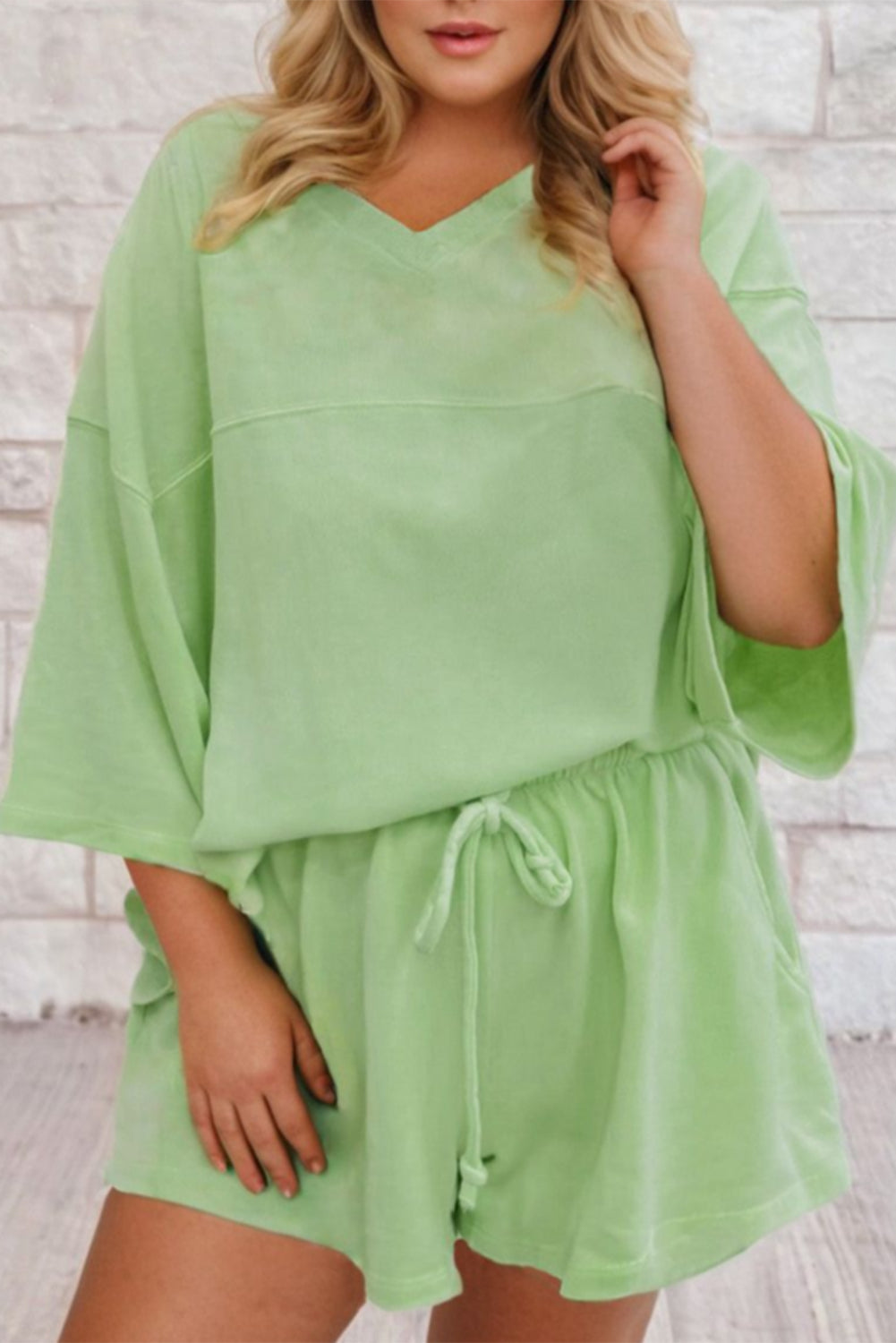 Meadow Mist Green Plus Size V-Neck Drop-Shoulder Tee Loose Shorts 2pcs Outfit
