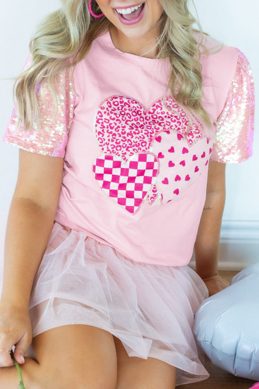 Light Pink Three Hearts Sequin Trim Contrast Sleeve Patchwork Tee