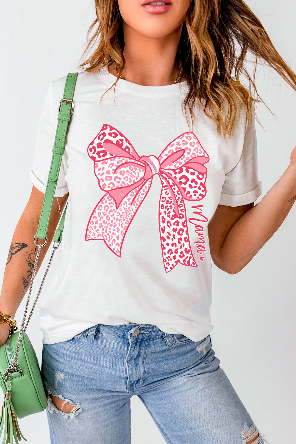 White Leopard Bow Graphic Mothers Day Fashion T-Shirt