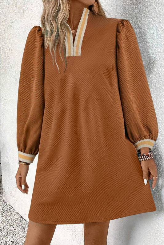Chestnut Textured Striped Split Neck Long Sleeve Shift Mini Dress