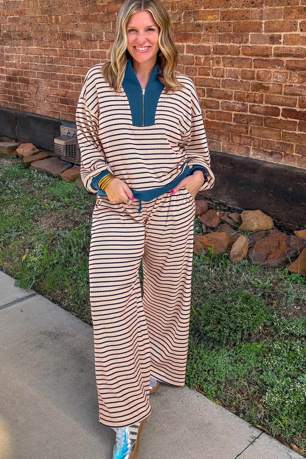Pink Stripe Striped Color-Block V-Neck Long-Sleeve Plus Size Set