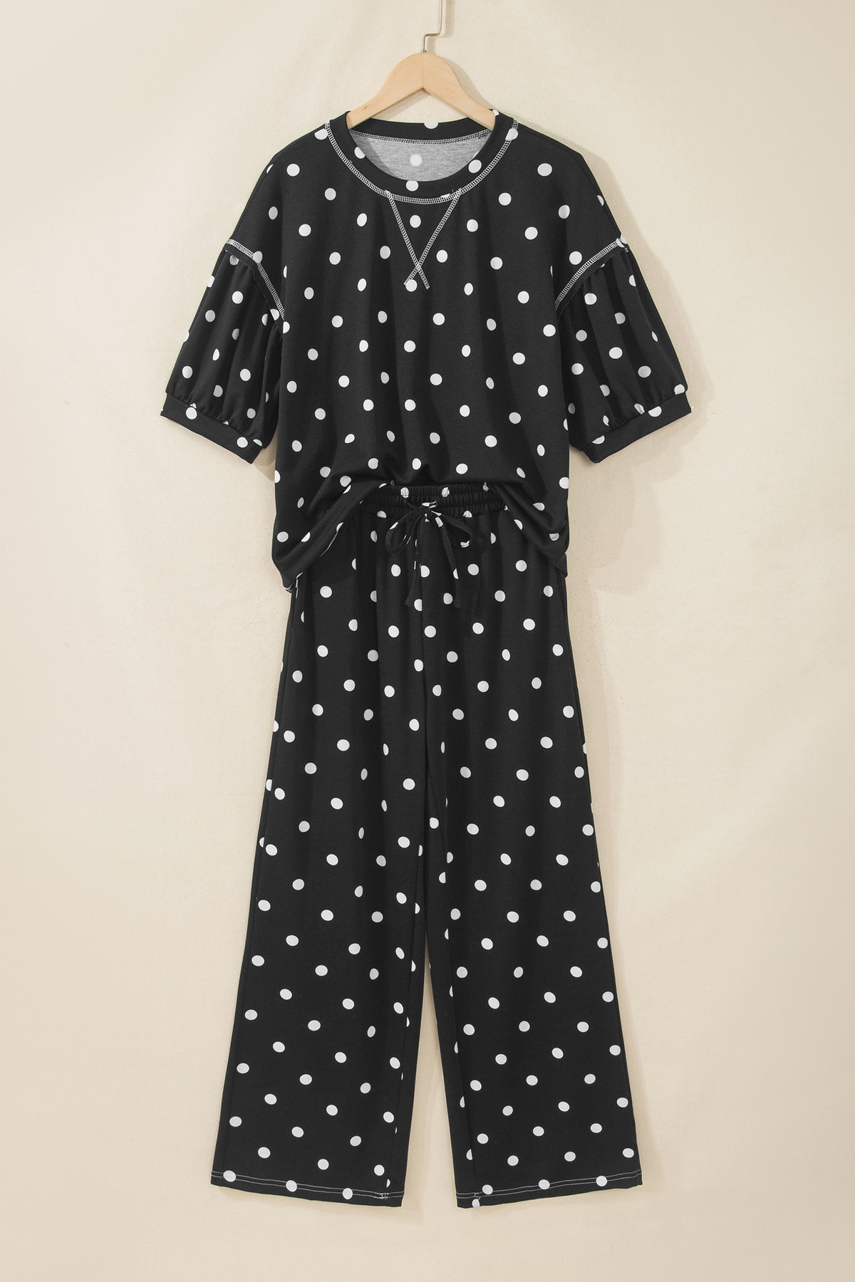 Women's Black Polka Dot Half Sleeve Loose Top Elastic Waist Casual Pants Set