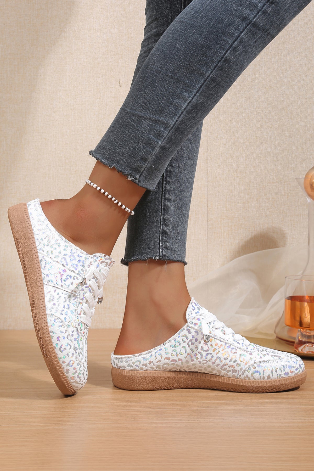 White Shiny Leopard Print Lace-Up Slip-On Sneakers