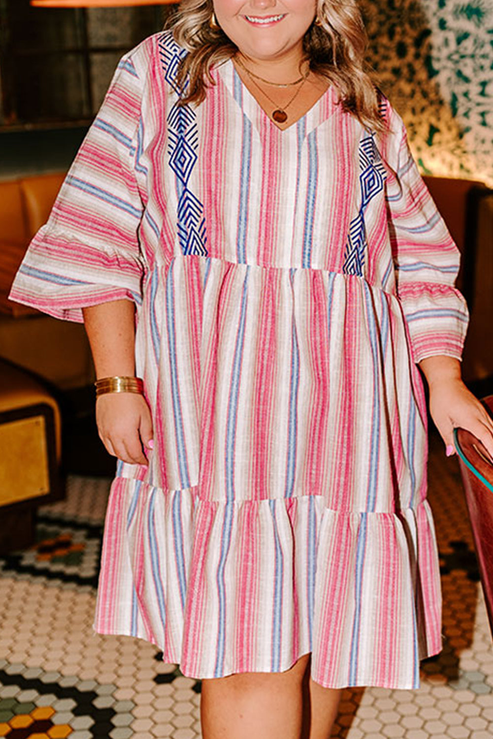 White Stripe Plus Size Embroidered Detail Flared 3/4 Sleeve V-Neck Dress