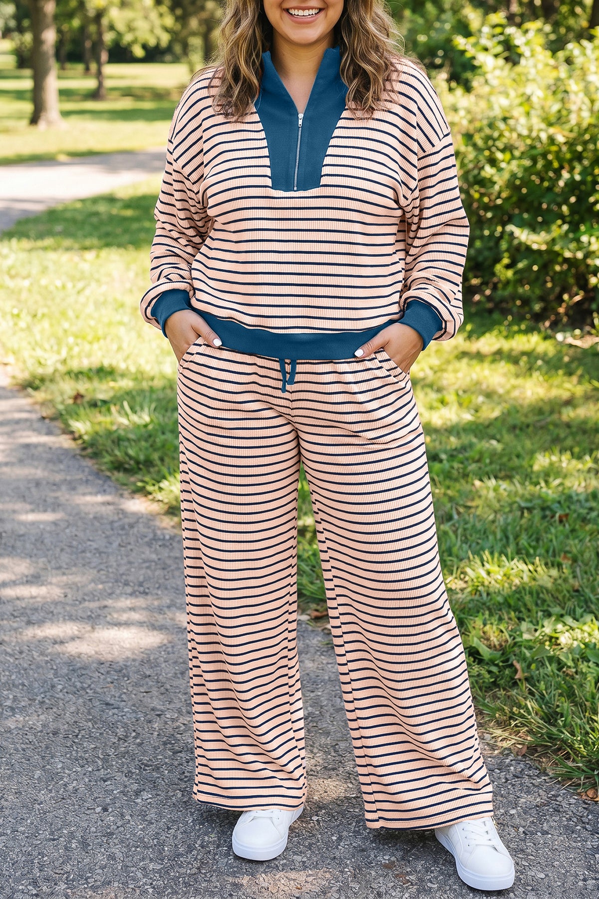 Pink Stripe Striped Color-Block V-Neck Long-Sleeve Plus Size Set