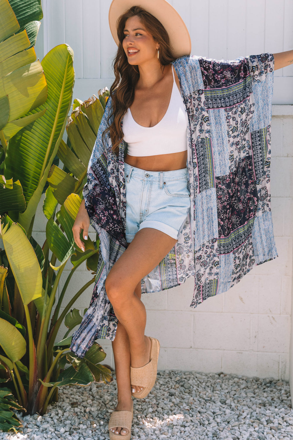 Blue Retro Floral Print Long Loose Open Front Kimono