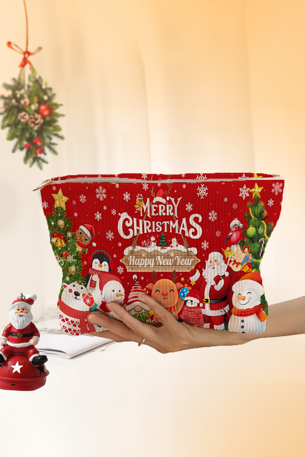 Fiery Red MERRY CHRISTMAS Happy New Year Corduroy Cosmetic Bag