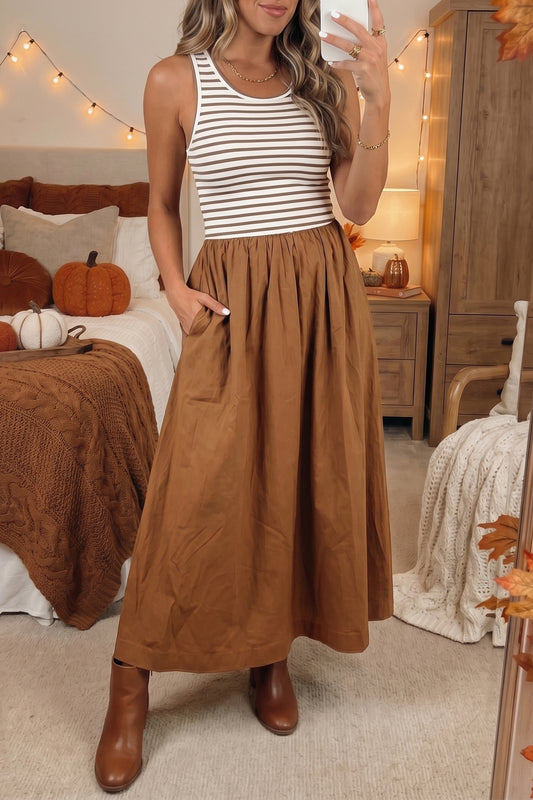 Chestnut Striped Colorblock Patchwork Sleeveless Long Dress