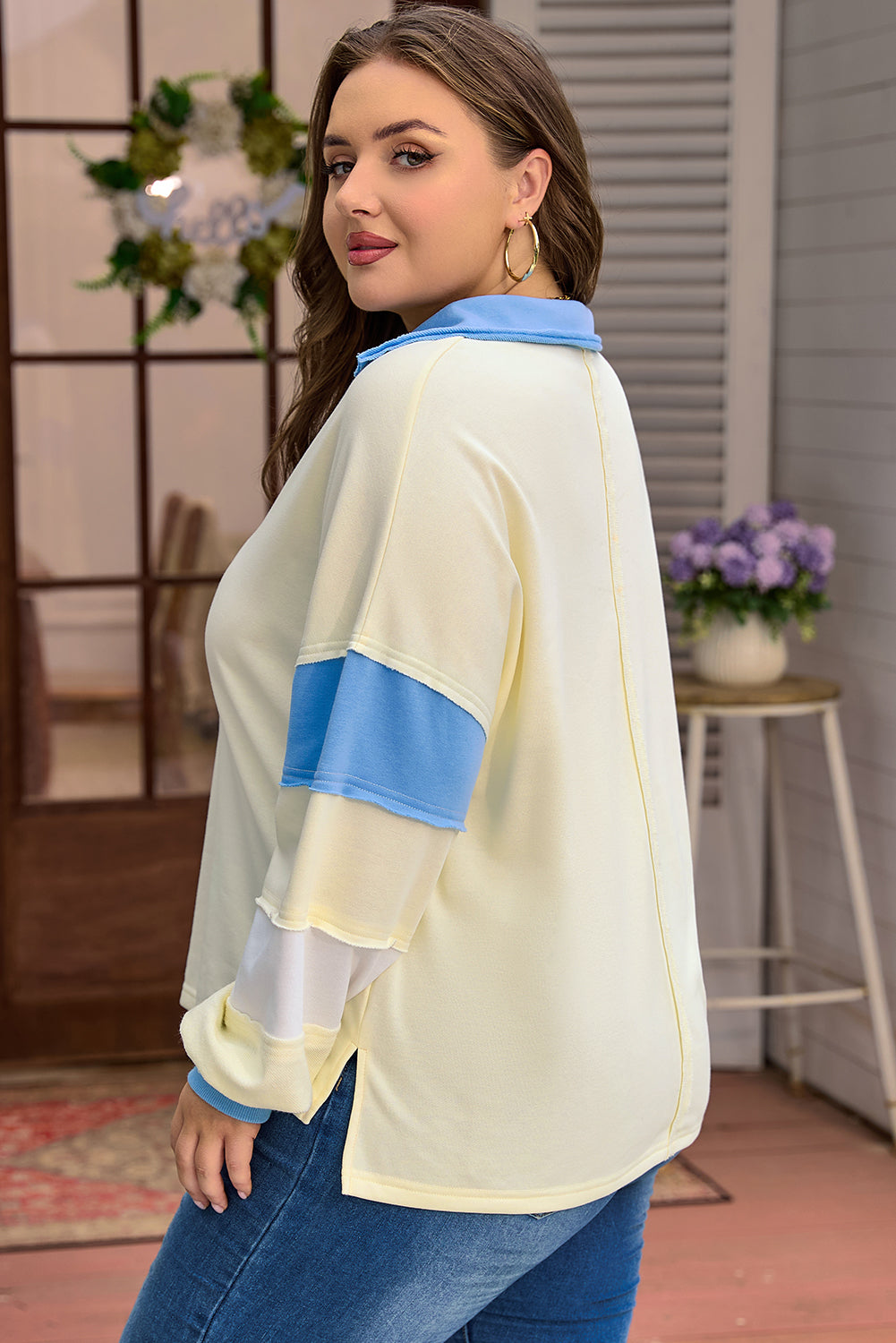 Yellow Cream Raw-Seam Color-Block Patchwork Plus Size V-Neck Pullover