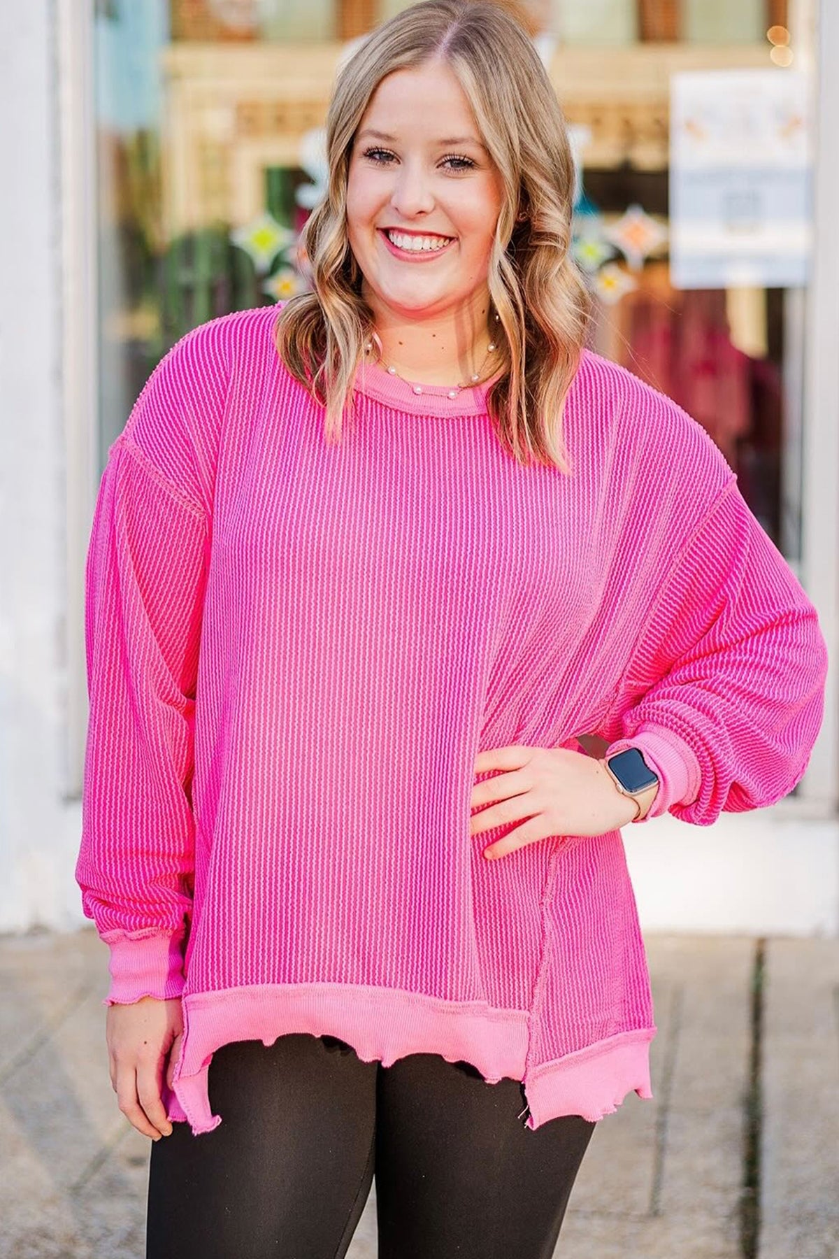 Rose Red Drop-Shoulder Uneven Hem Plus Size Twisted Rib Top