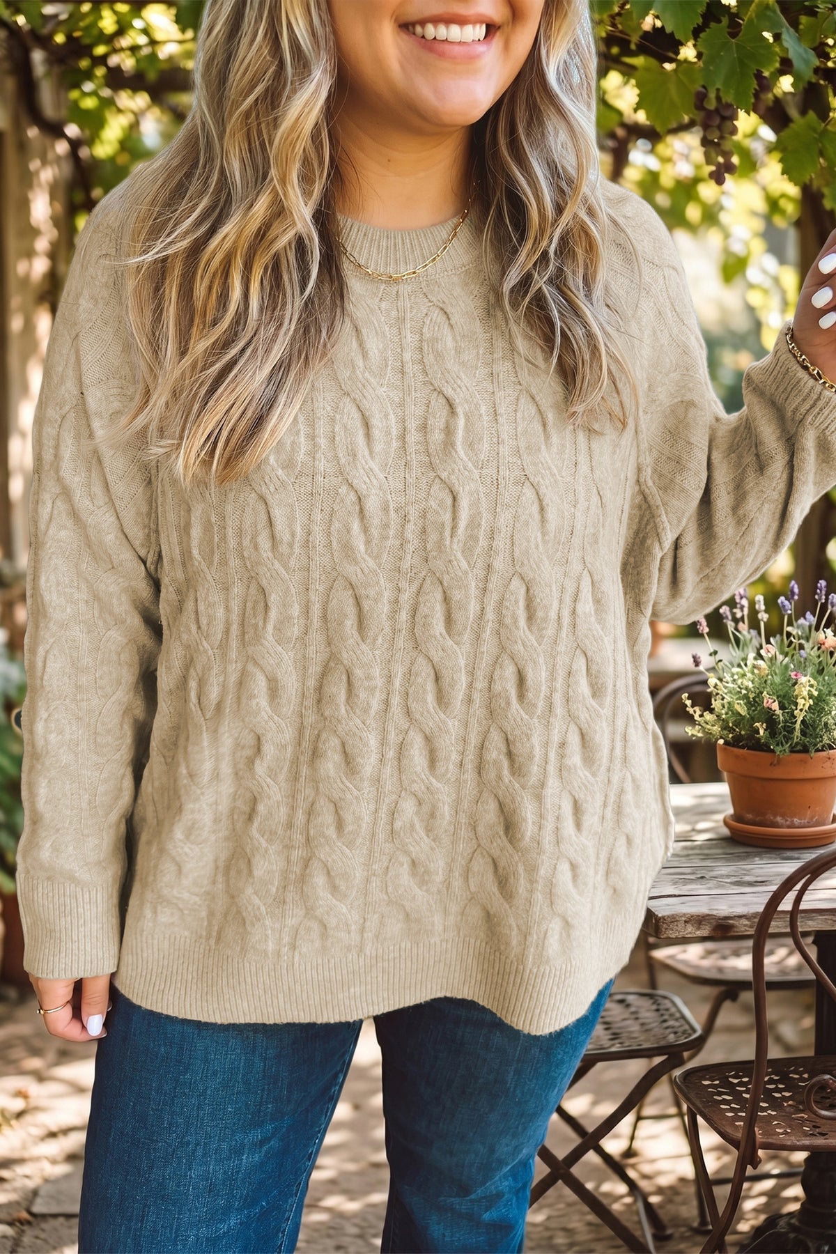 Parchment Oversized Cable Knit Long-Sleeve Round-Neck Tunic Length Plus Size Sweater