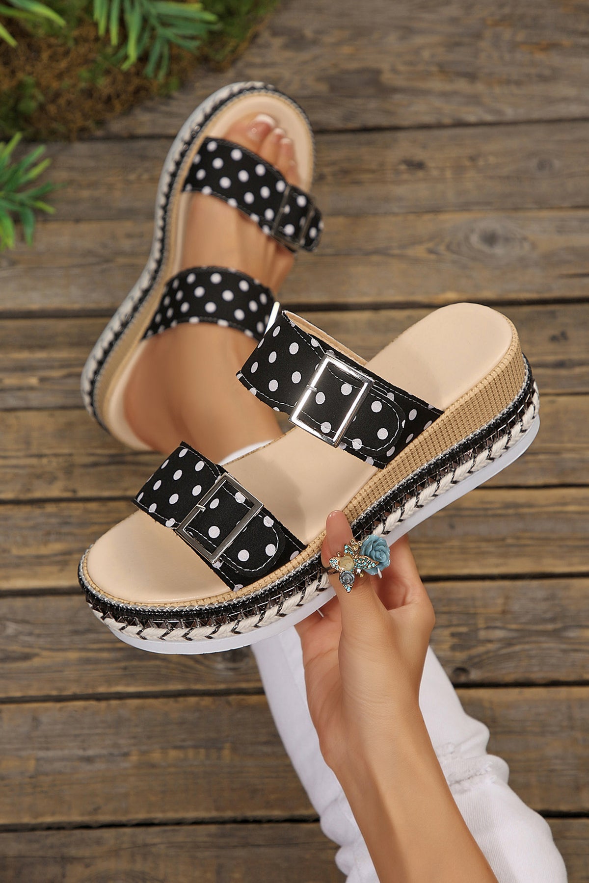 White Polka Dot Pattern Double Buckle Straps Hollow Out Platform Sandals