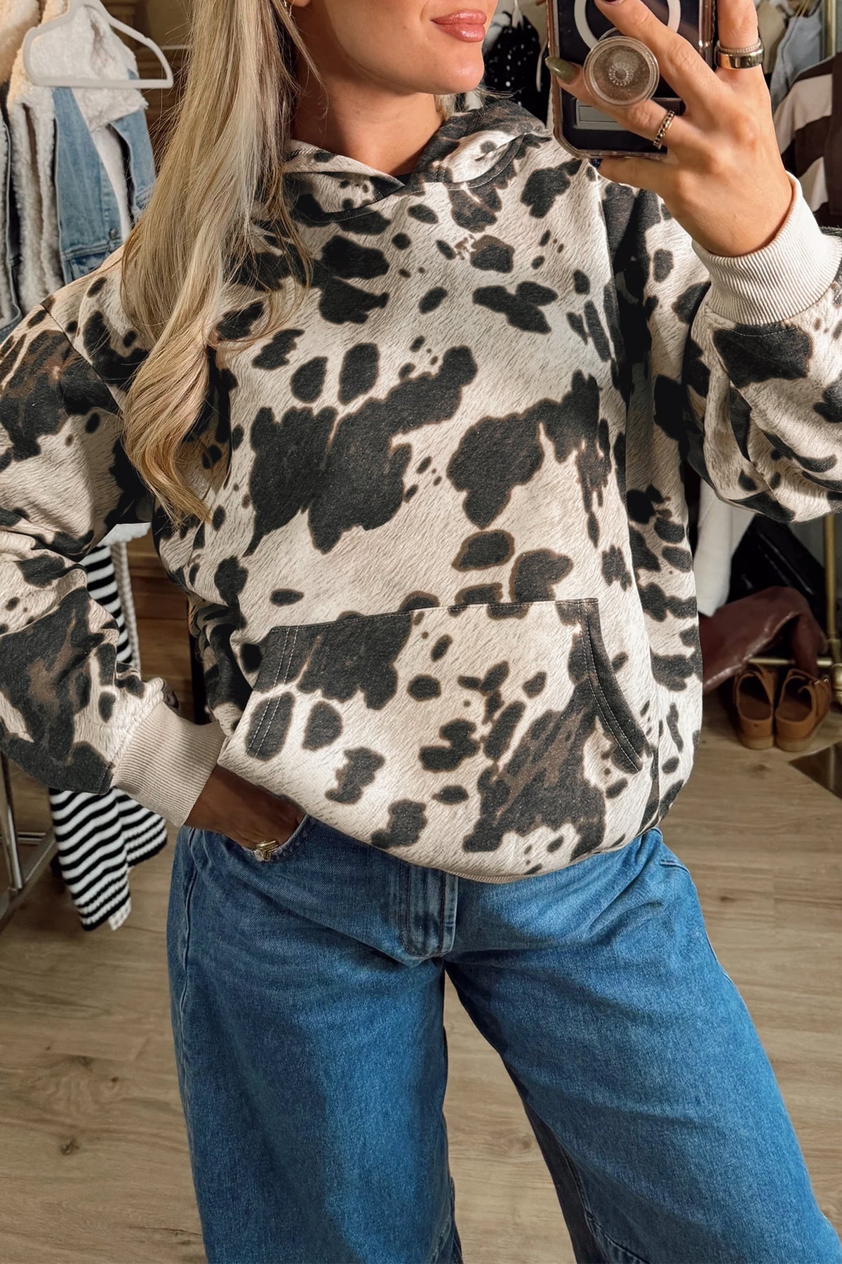 Multicolor Western Cow Print Pocket Hoodie