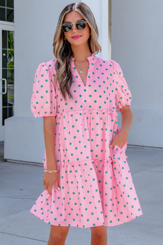 Pink Polka Dot V-Neck Mini Dress