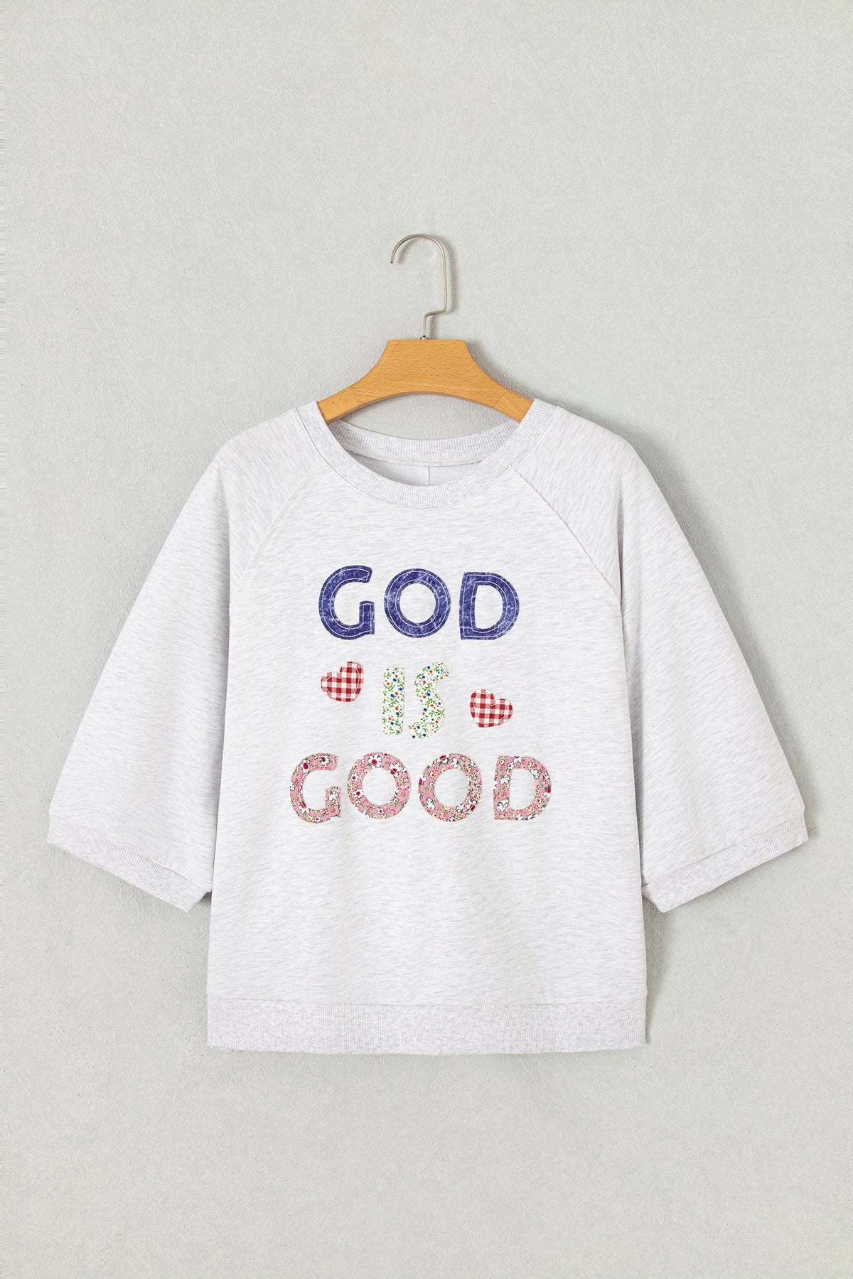 Light Grey GOD IS GOOD Applique 3/4 Sleeve Tunic Top