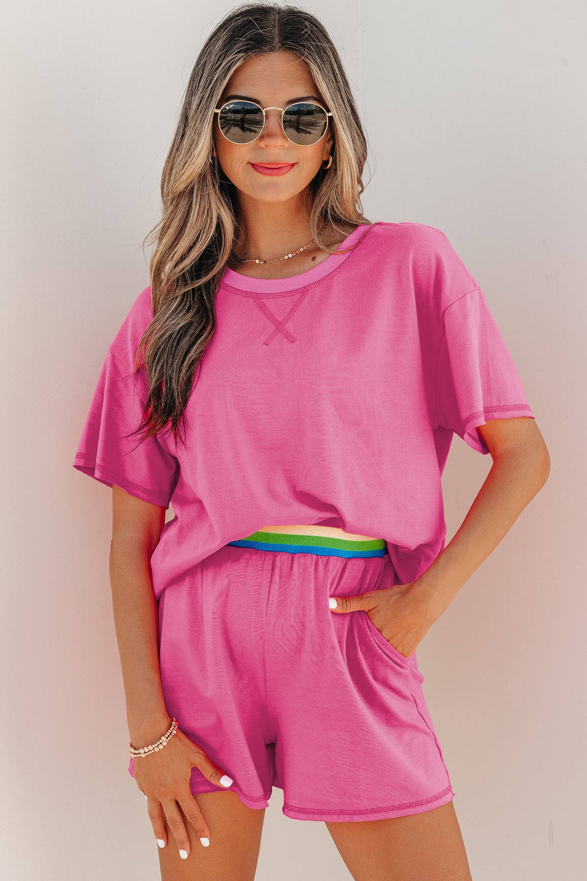 Women's Bright Pink Seam Detail Raw Edge Tee Rainbow Waistband Casual Shorts Set