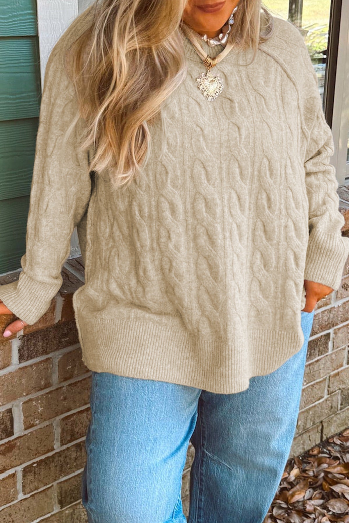 Parchment Oversized Cable Knit Long-Sleeve Round-Neck Tunic Length Plus Size Sweater