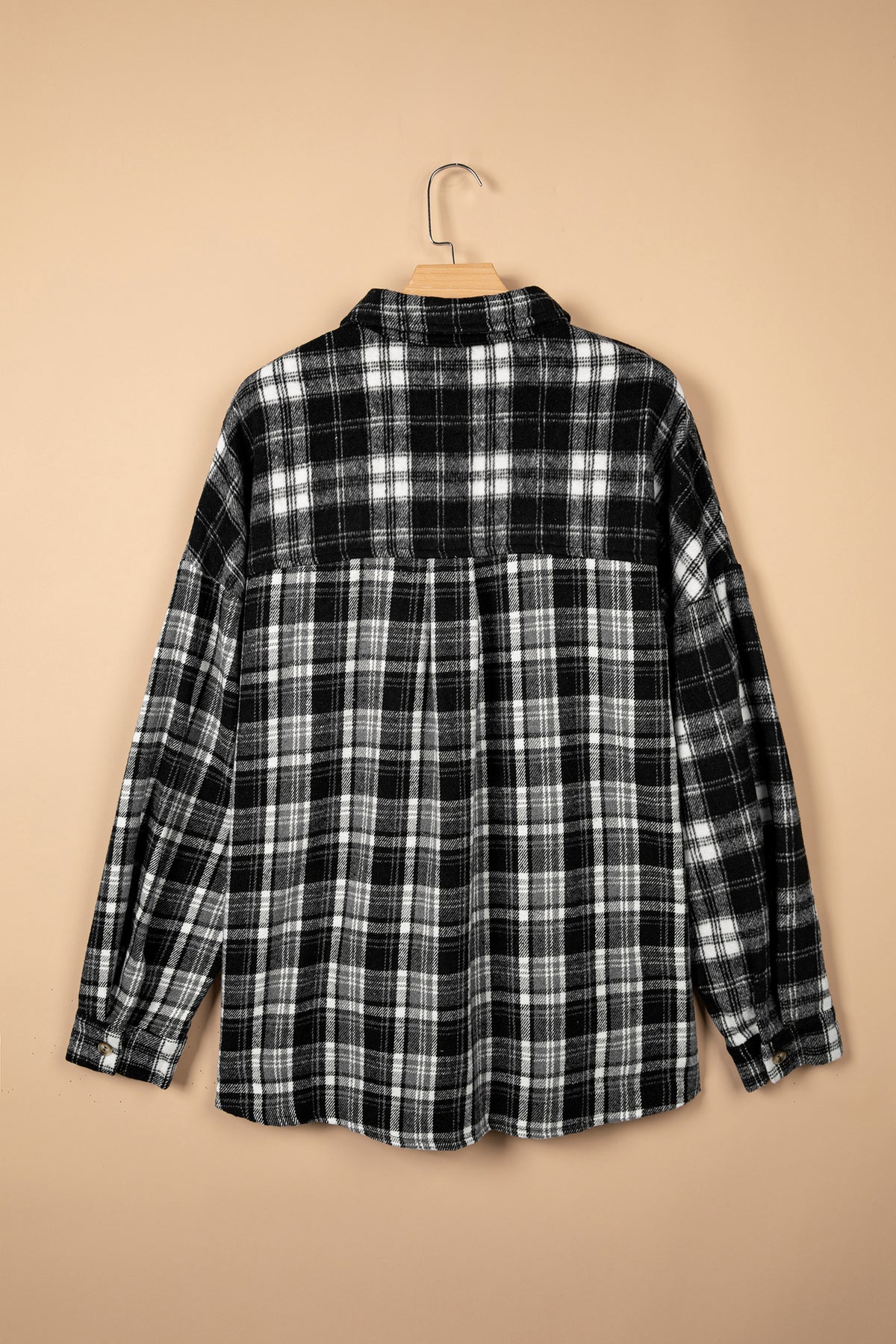 Black Plaid Long-Sleeve V-Neck Shift Plus Size Shirt Jacket