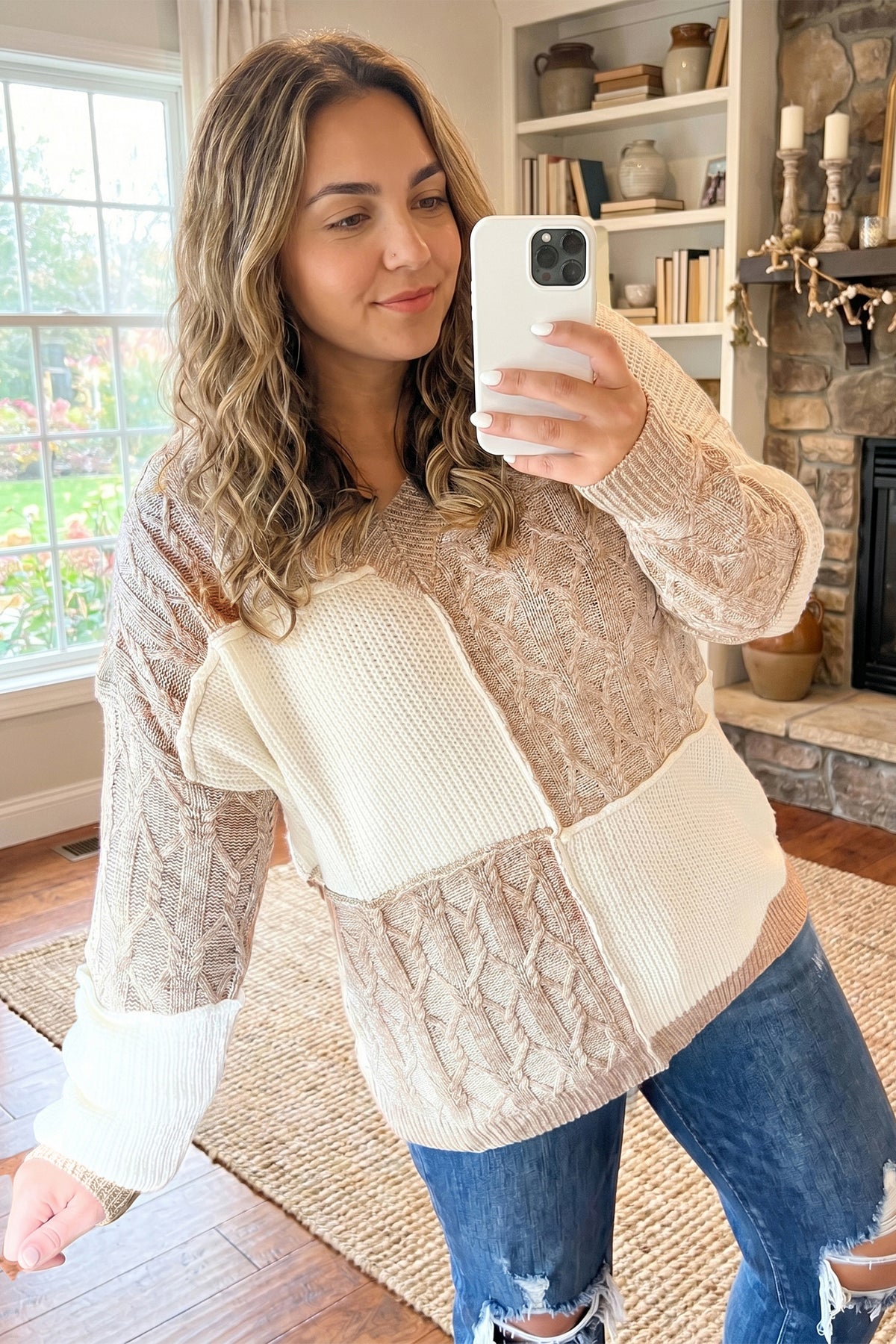 Parchment Color-Block V-Neck Long-Sleeve Tunic Loose Fit Plus Size Sweater
