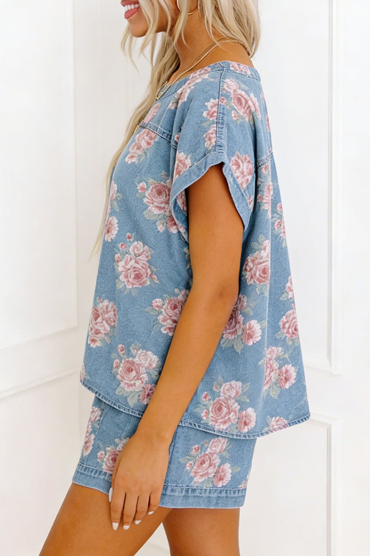 Women's Sky Blue Floral Denim Short-Sleeve Top Loose Shorts Two-Piece Set