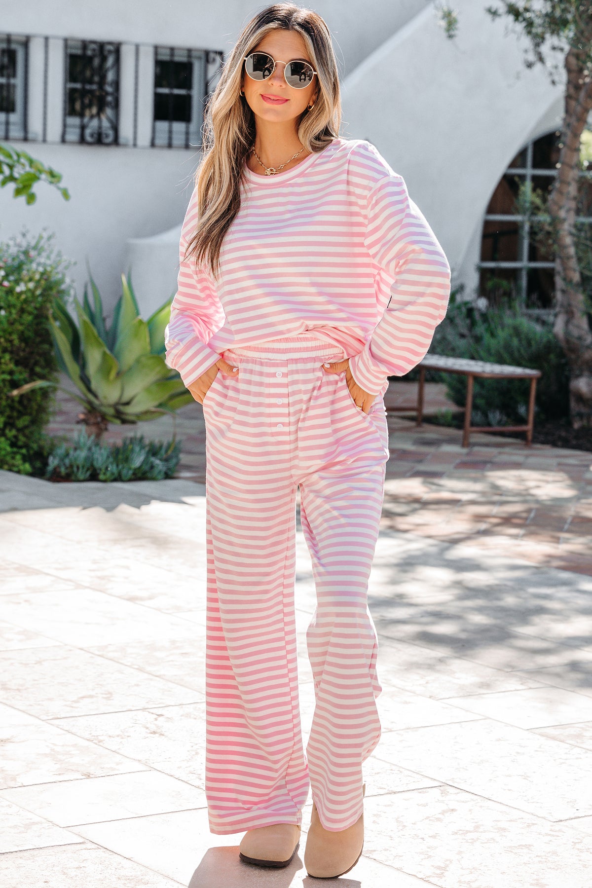 Women's Rose Stripe Drop Shoulder Round Neck Top & Buttoned Straight Pants Two-Piece Set