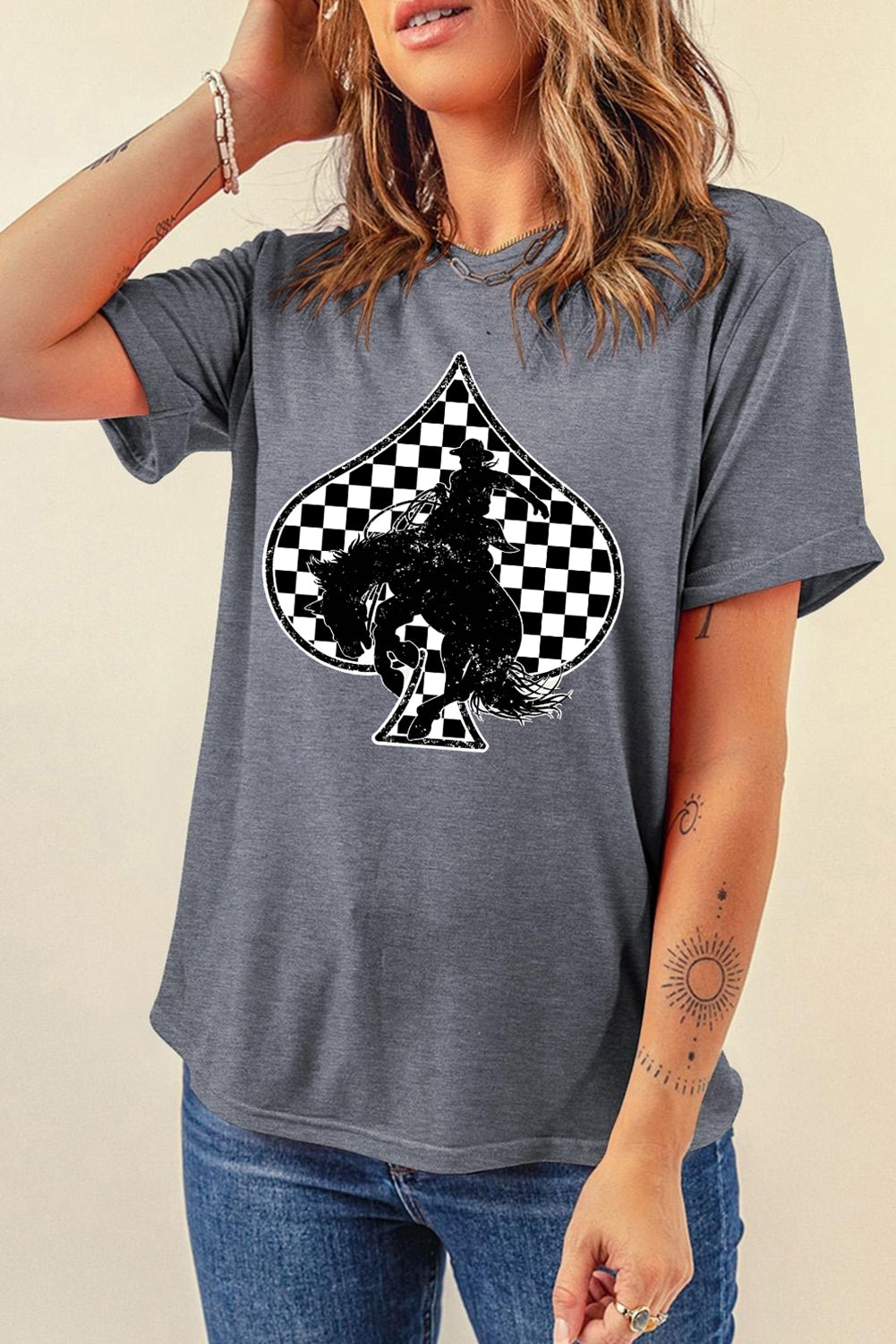 Gray Redeo Check Spades Western Graphic T-Shirt
