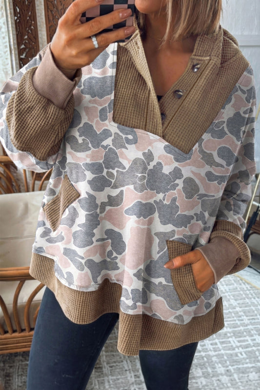 Khaki Camouflage Print Waffle Knit Half Zip Plus Size Hoodie