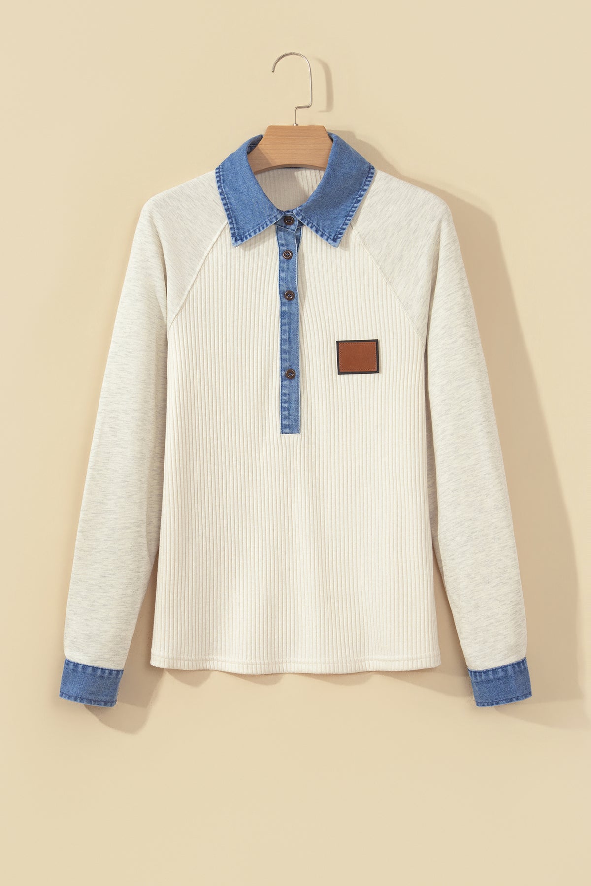 Light Grey Ribbed Denim Colorblock Button Collar Top