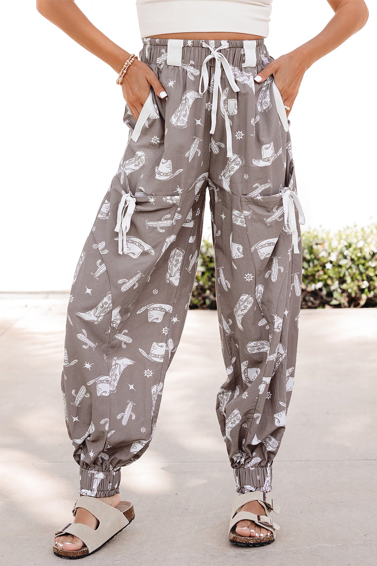 Khaki Western Cactus Cowgirl Hat Boot Printed Vintage Drawstring Pants