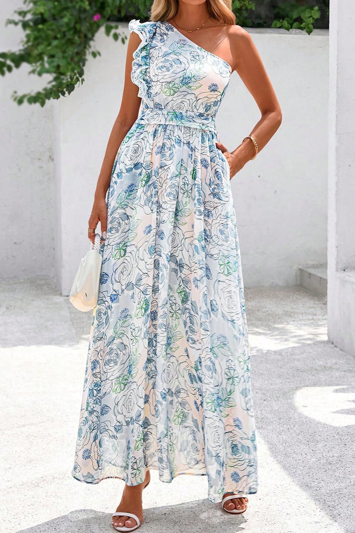Blue Floral Ruffle One-Shoulder Maxi Dress