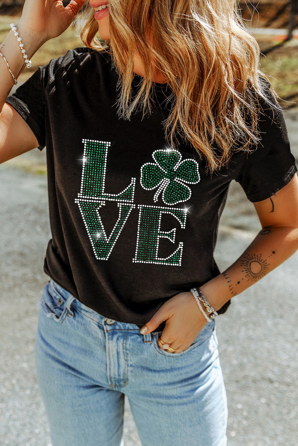 Black Clover LOVE Rhinestone Graphic St Patricks Day T-Shirt