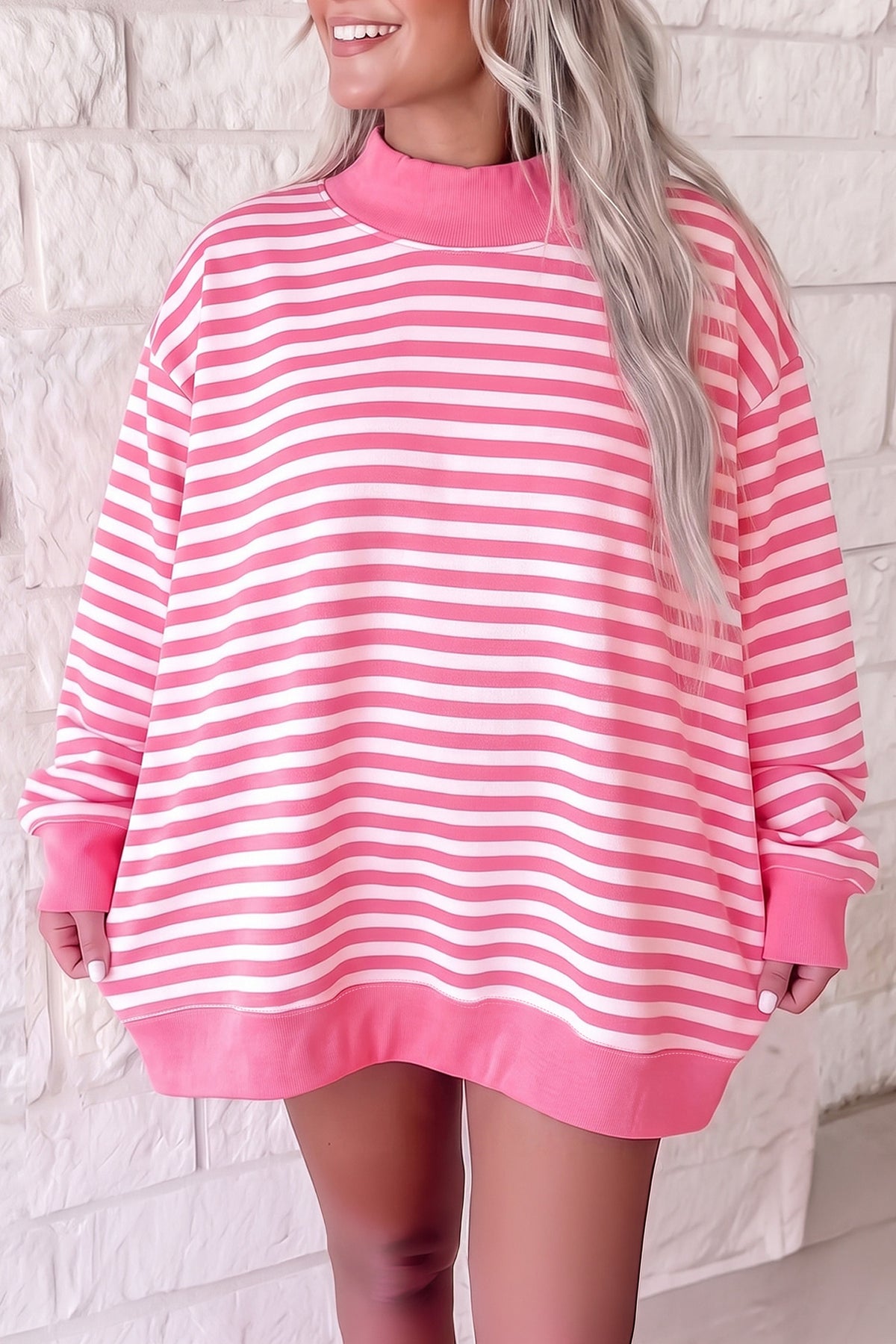 Green Stripe Mock Neck Oversized Tunic Sweatshirt
