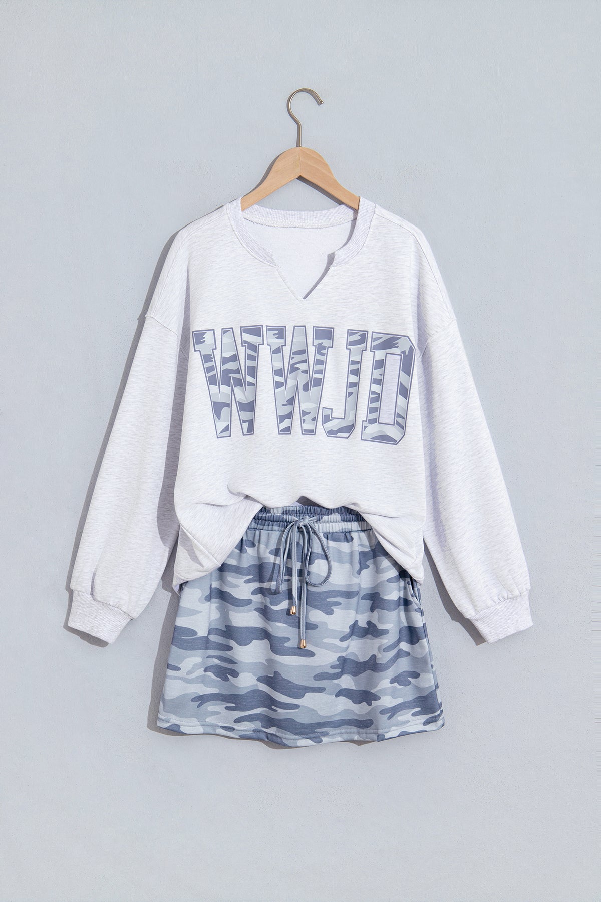 Gray Camo WWJD Top and Skort Set