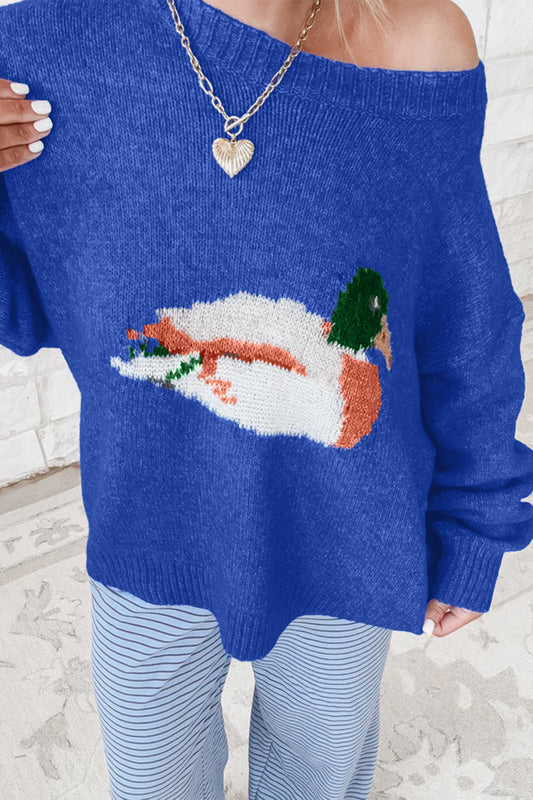 Sky Blue Vintage Mallard Pattern Drop Shoulder Long Sleeve Sweater