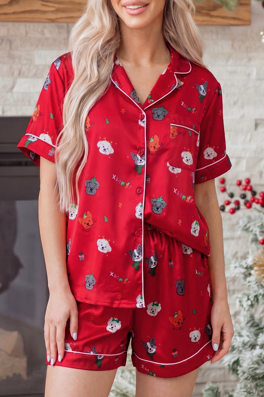 Racing Red Festive Dog Print Short Sleeve Lounge Set